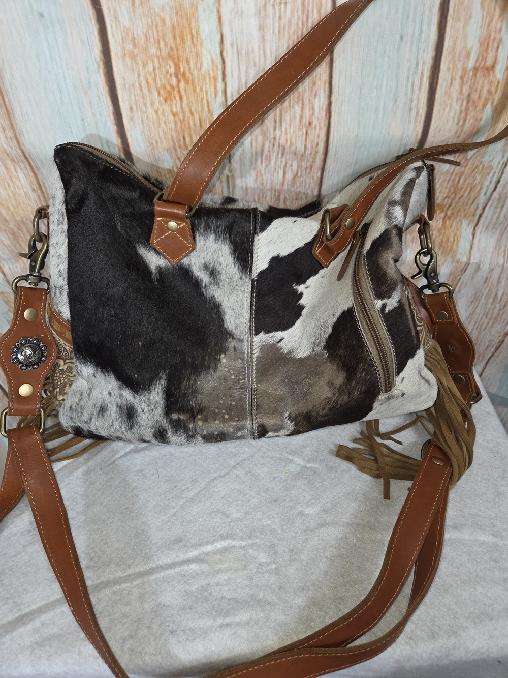 Myra Bag Leather and Haircalf Detailing Concealed Carry Bag in Brown and White - Picture 5 of 9